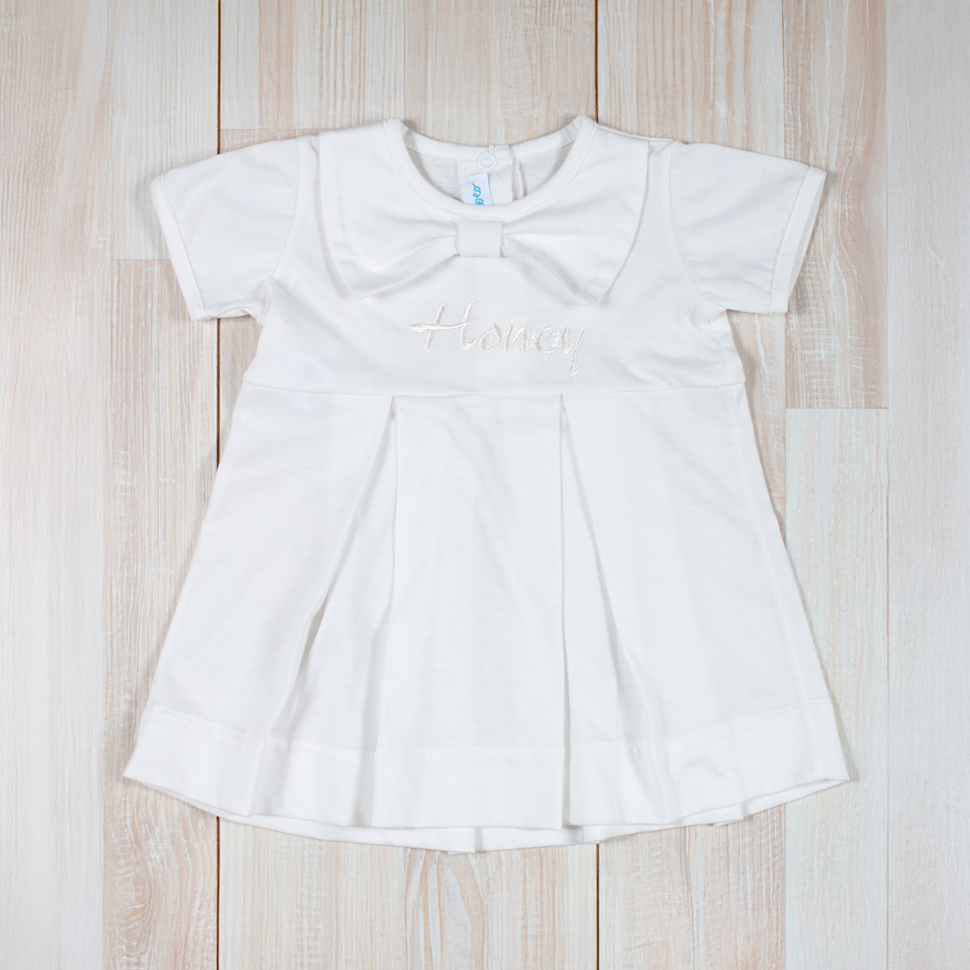 Vestitino in Cotone Panna con Fiocco e Ricamo