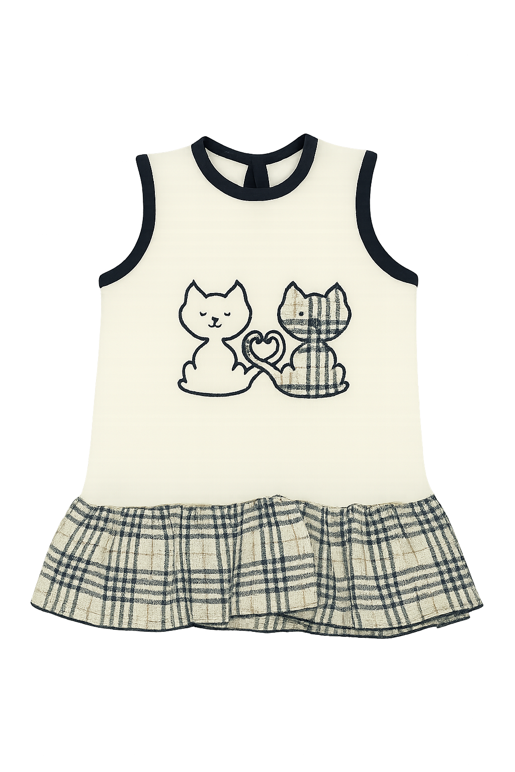 Vestito Smanicato Check con Gatti e Balza